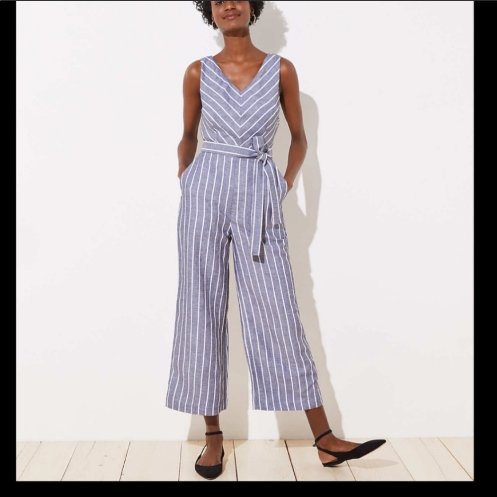 Loft Linen Striped Tie Waist Jumpsuit